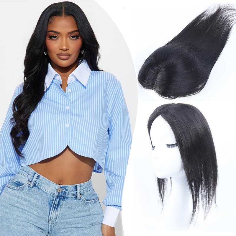 Unipearl Hair Toppers for Women Real Human Hair 12 Inch 360° Cover Remy Human Hair Topper for Women with Thinning Realistic Scalp Clip in Pieces Straight Hair (Natural Black, Side Bangs)