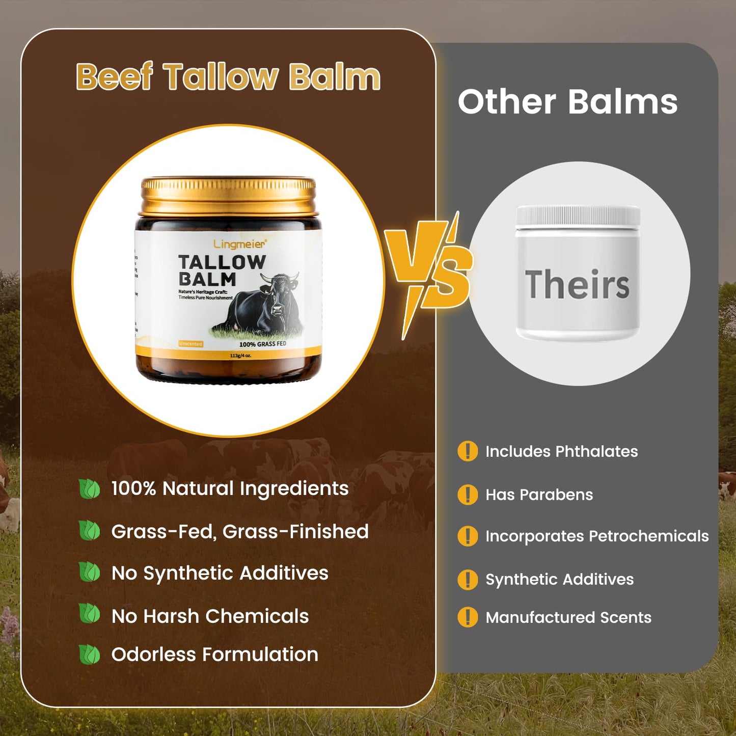 Lingmeier Whipped Beef Tallow Balm with Grass Fed Tallow and Honey, Unscented Natural Moisturizer for Dry Sensitive Skin, Eczema, Rosacea, 4 oz