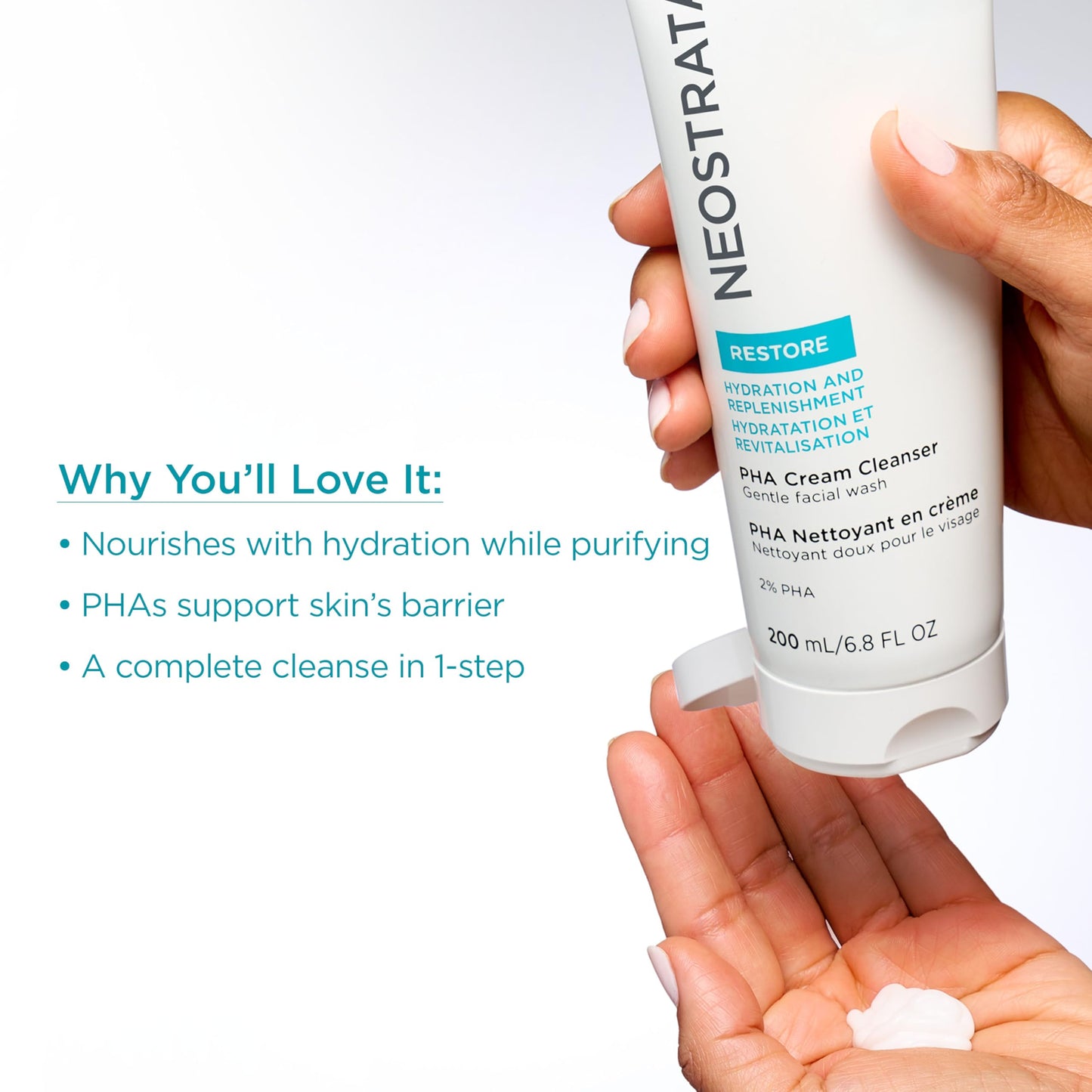 NEOSTRATA Restore PHA Cream Cleanser, Gentle Daily Hydrating Face Wash and Makeup Remover for Sensitive Skin, 6.8fl oz