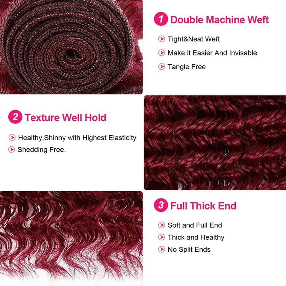 8 10 12 Inch 99J Bundle Burgundy Deep Wave Human Hair Bundles 8A Grade Wine Red Hair Extensions 99J Deep Wave Bundle Burgundy Bundles For Black Women