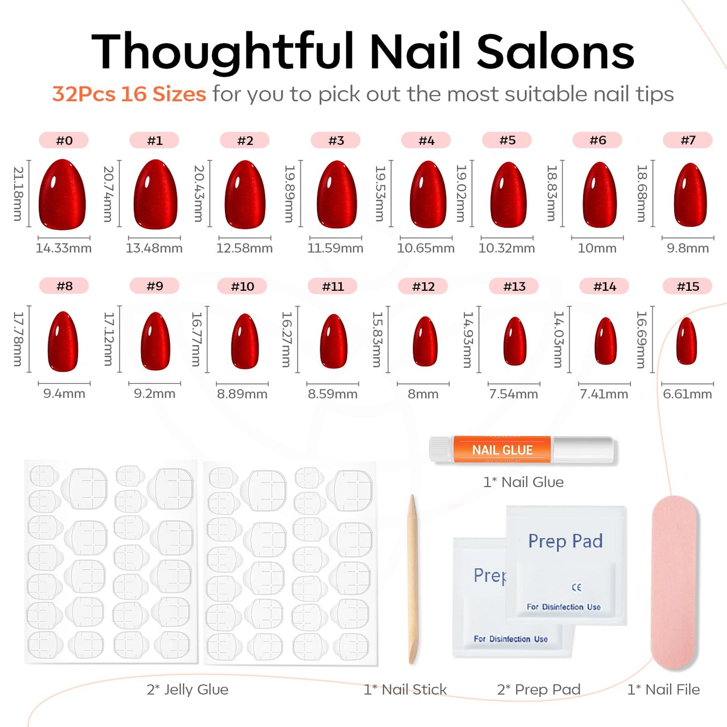 Modelones Red Cat Eye Press on Nails Almond, Spring Short Fake Nails, Reusable Nail Kit with Nail Glue Adhesive Tabs Mini Nail File, Nails Press Ons 32Pcs 16 Sizes, Women Girl Gift