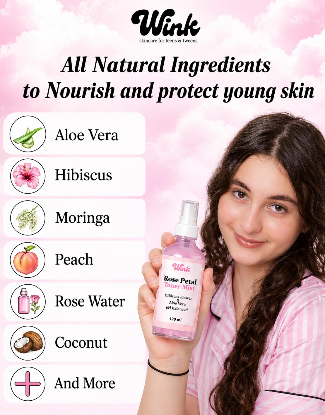 Wink Skin Care Kit for Teens - Plant-Based 4-Piece Facial Set with Cleanser, Toner, Serum & SPF Moisturizer | Ideal for Girls & Tweens
