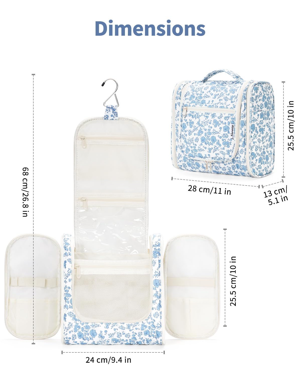 Narwey Large Hanging Toiletry Bag for Women Travel Makeup Bag Make up Organizer Toiletries Bag for Cosmetics Essentials Accessories (Large, Blue Flower)