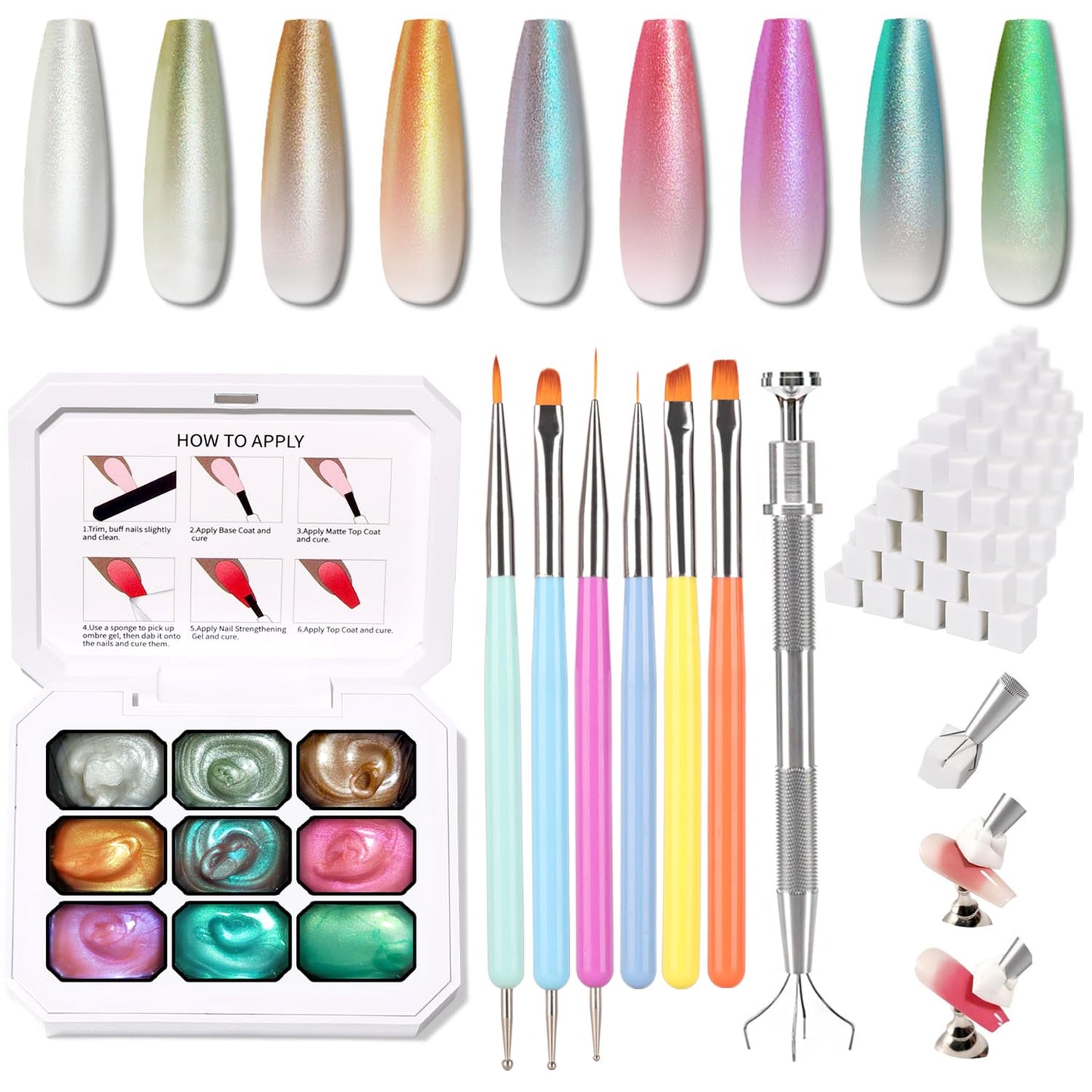 Ombre Nail Gel Set - 9 Colors Sponge Pat Paint for Floral Nail Art, No Wipe, UV/LED Curing