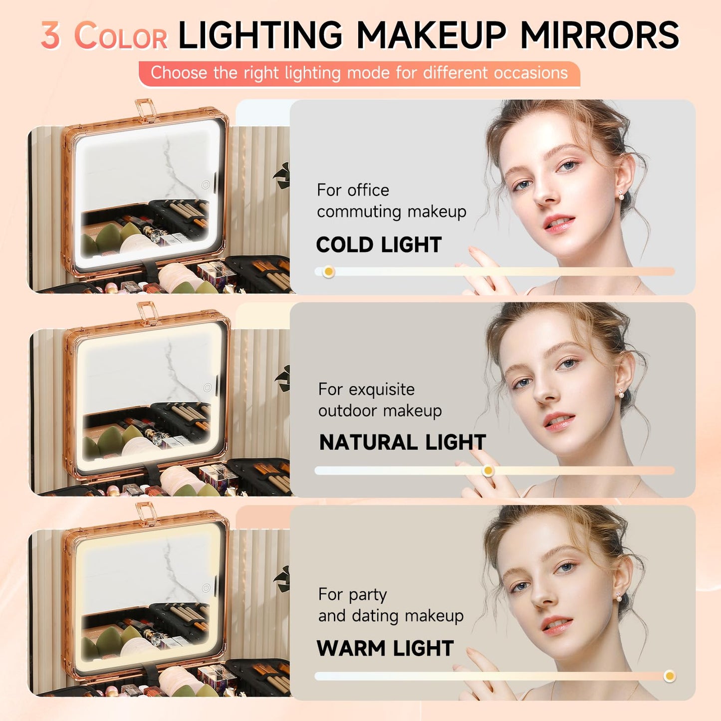 Leeora&Leekoo Makeup Box with Lighted Mirror,Portable Makeup Train Case Organizer (Rose Gold)