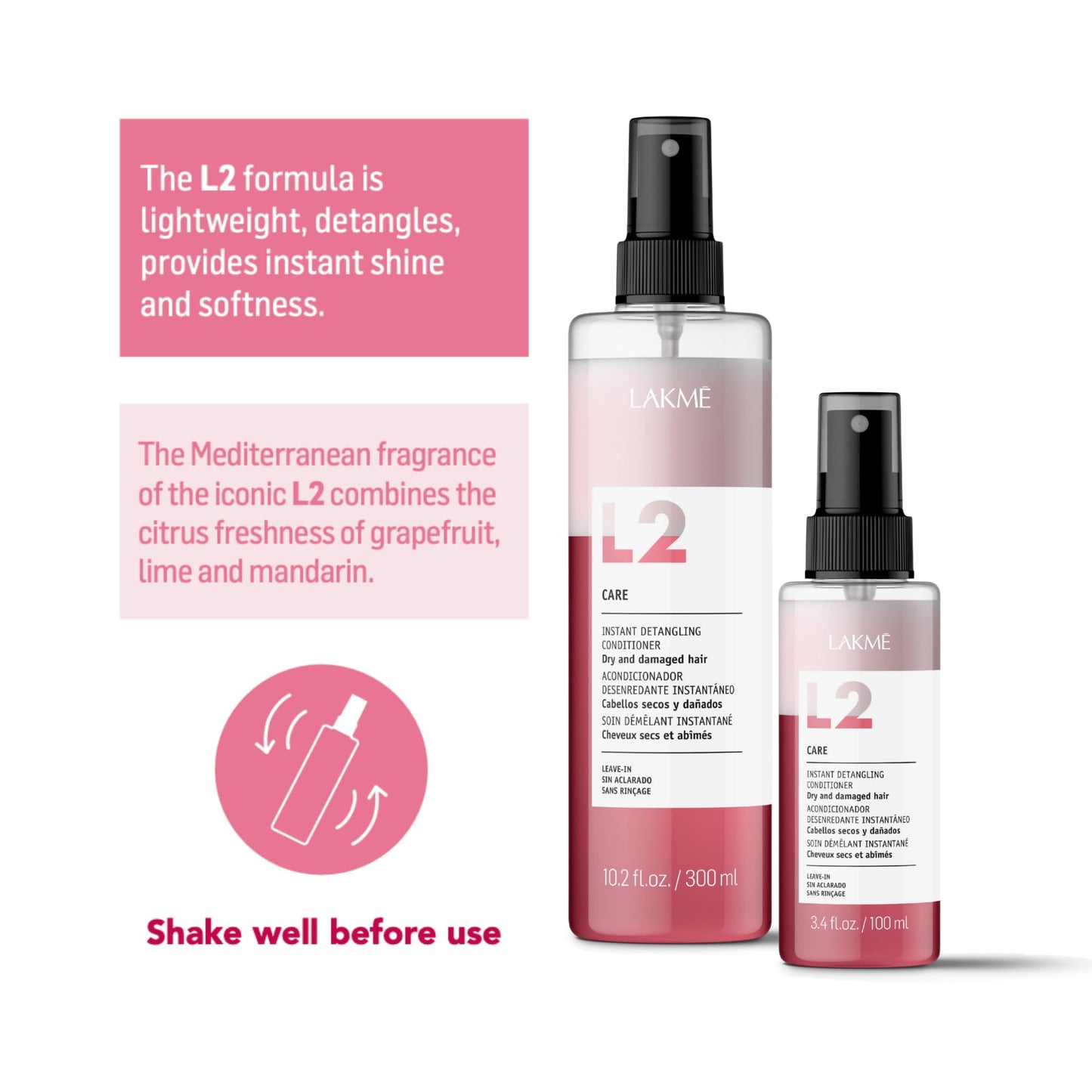 Lakmé Travel Size L2 Care Bi Phase Conditioner, Detangling Spray for Hair, Leave In Conditioner Spray For Dry and Damaged Hair, 3.4 Fl Oz