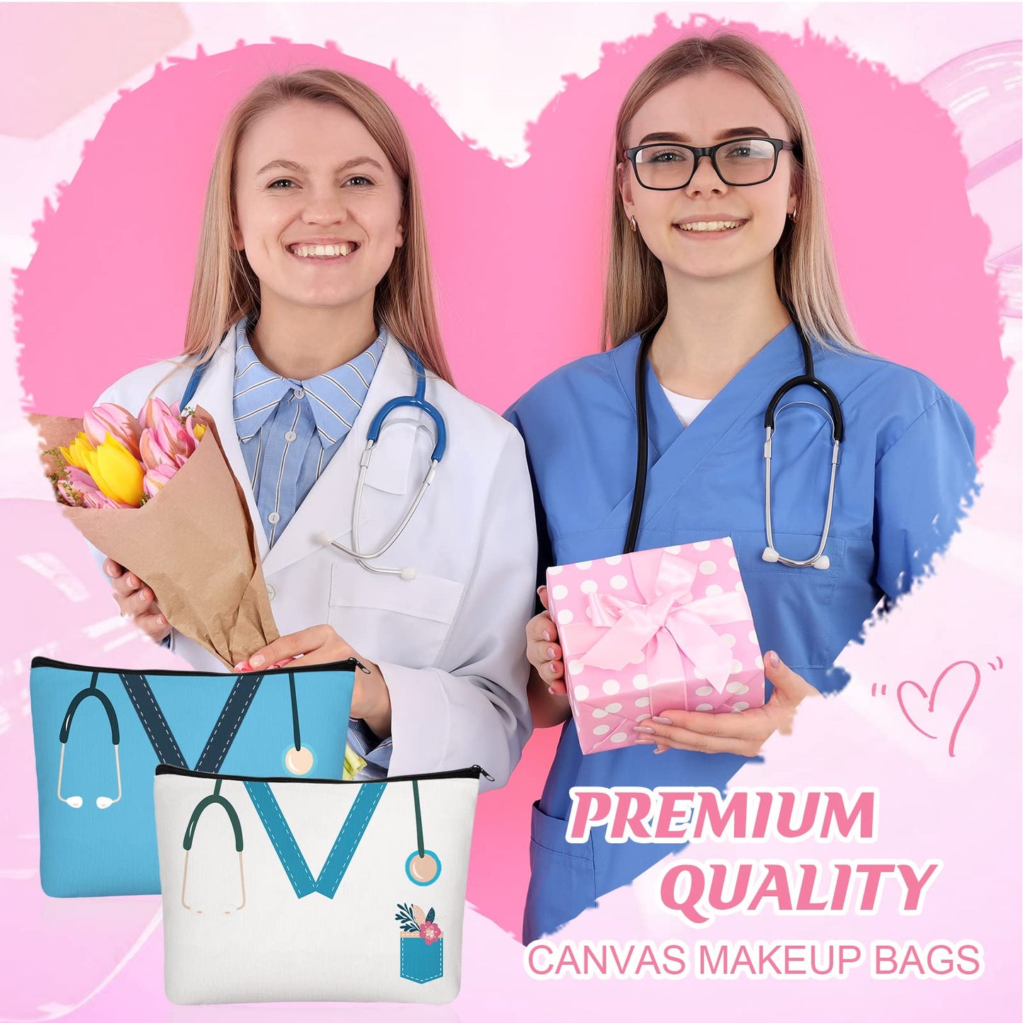 Sabary 20 Pcs Nurse Makeup Canvas Bags Bulk Nurse Appreciation Gifts Nursing Thank You Cosmetic Bag with Zipper Travel Work Accessories Pouch for Nurses Week Party Favors