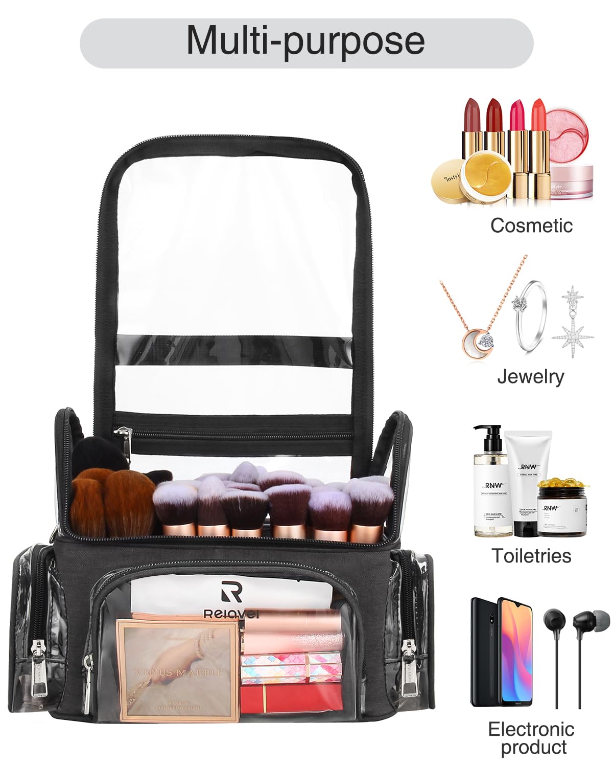 NAONAYA Makeup Brush Bag, Clear Makeup Brush Holder Professional Makeup Artist Travel Case Waterproof Cosmetic Organizer Bag, Full Open Easy to Access, with Adjustable Shoulder Strap and Dividers