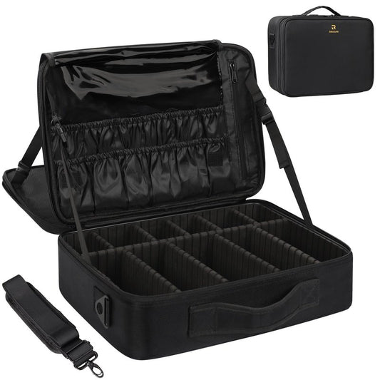 MONSTINA Large Makeup Travel Case Bag,Professional Makeup Artist Train Case with Brush organizer,Large Capacity Cosmetic Bag with Zipper Pocket and Adjustable Compartment（PU Leather Black）