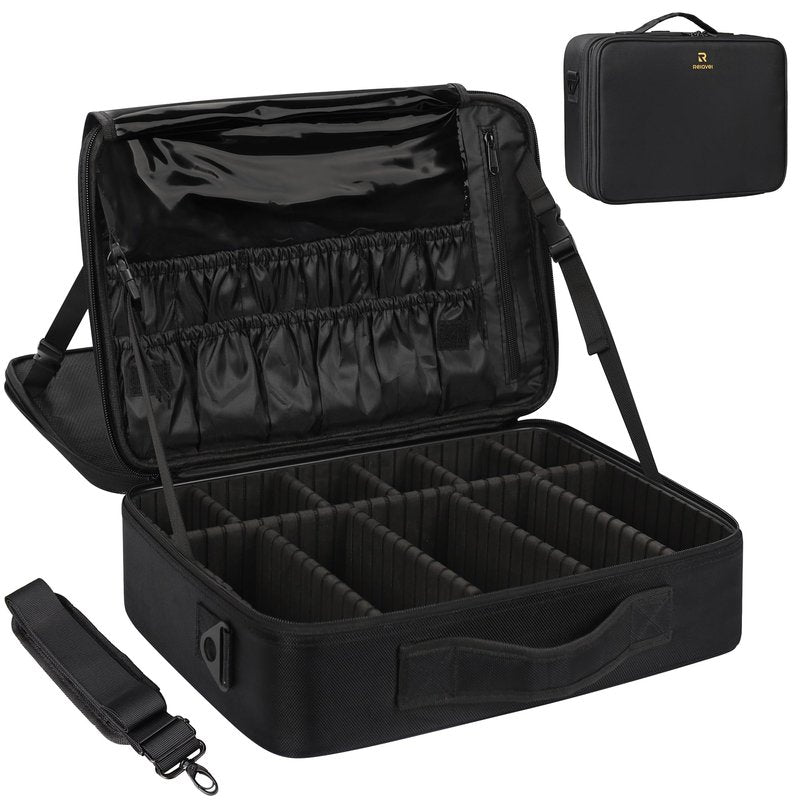 MONSTINA Travel Makeup Train Case,13.8 inches Large Cosmetic Case,Makeup Brush Holder Organizer and Storage with Adjustable Dividers and Shoulder Strap (Black)