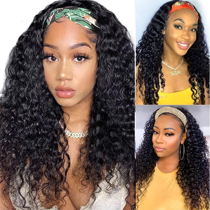 CYIKLI Kinky Straight Headband Wig 16 Inch Human Hair Headband Wigs for Black Women Glueless Yaki Straight Human Hair Headband Wigs Natural Black color