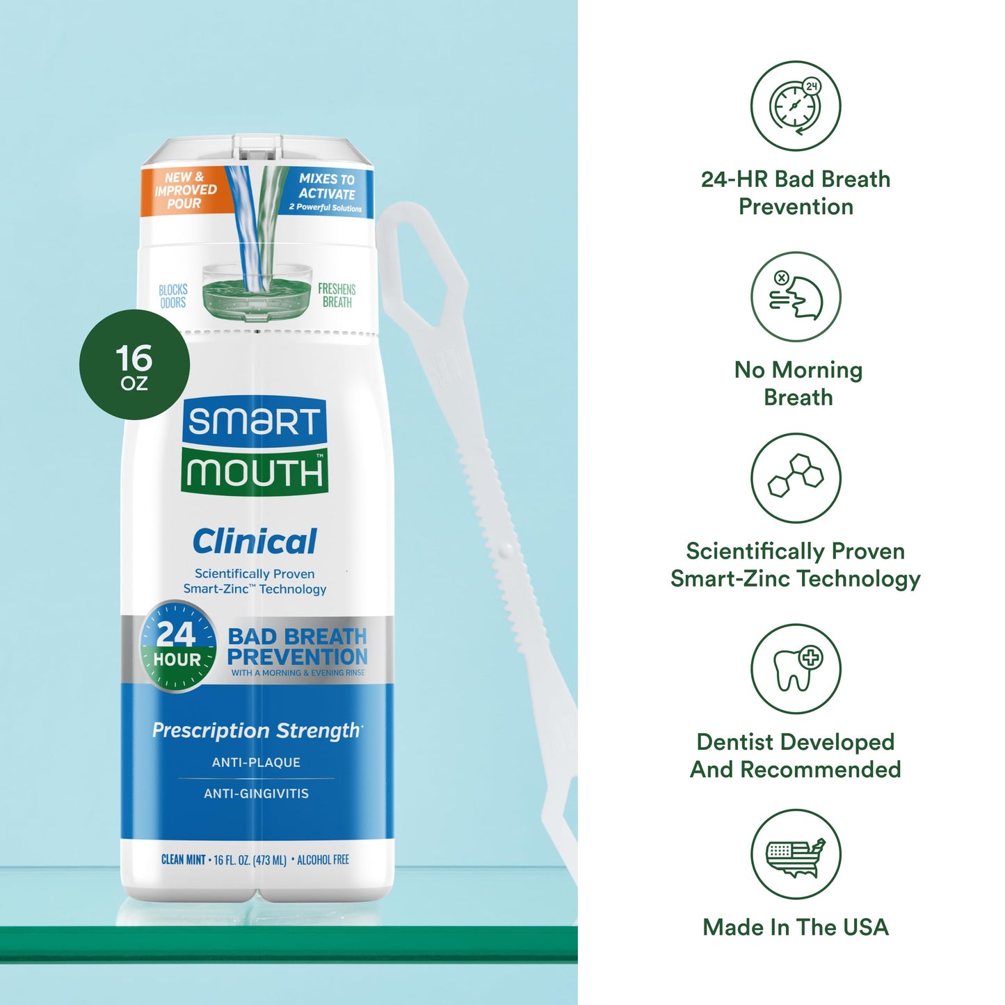 SmartMouth DDS Activated Clinical Mouthwash with Tongue Cleaner - for Fresh Breath - Clinical Strength Mouthwash for Gum Health, Gingivitis & More - Clean Mint Flavor, 16 fl oz (Pack of 2)