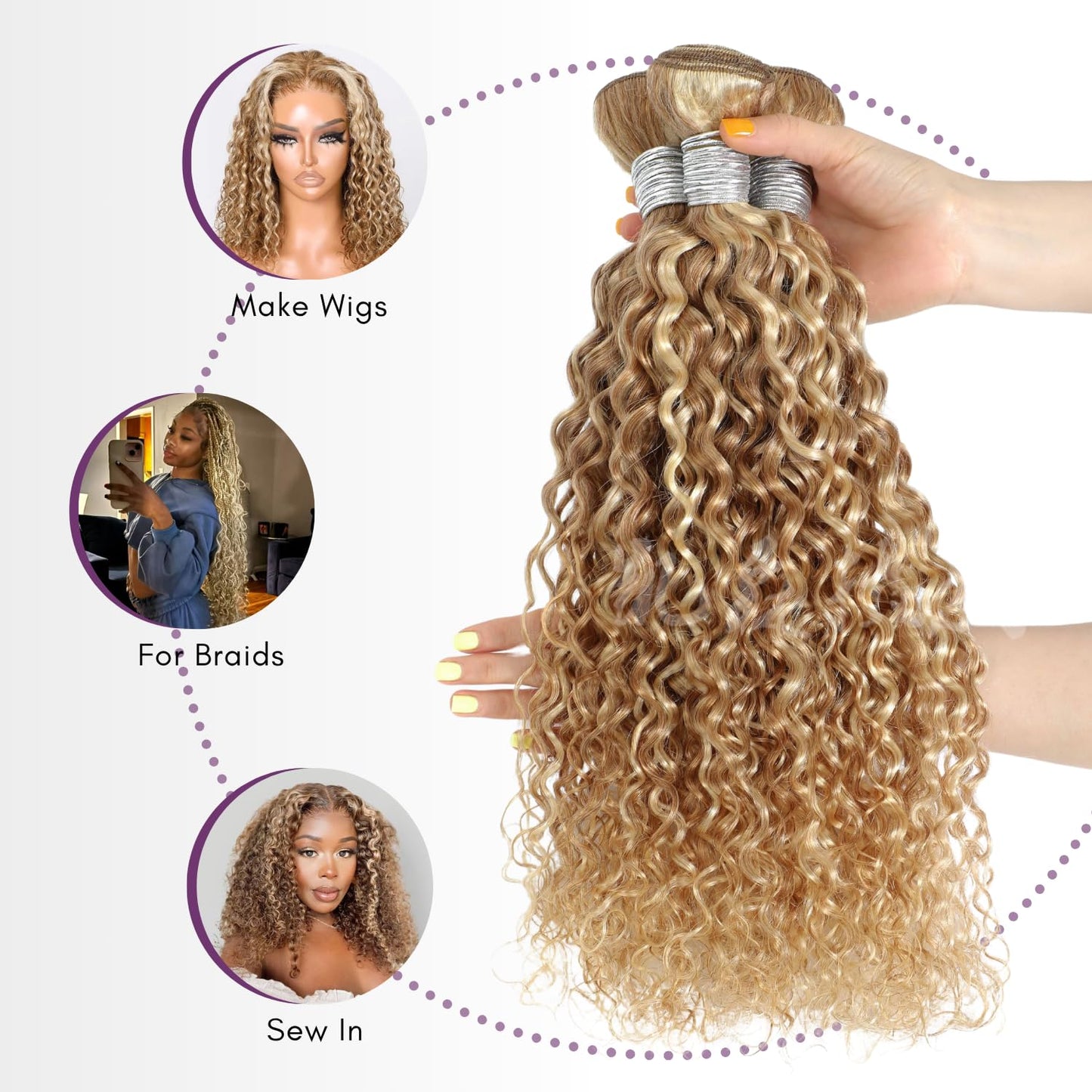 Ombre Blonde Human Hair Water Wave Bundle - 13A Grade, 12 Inch Wet & Wavy Curly Weave