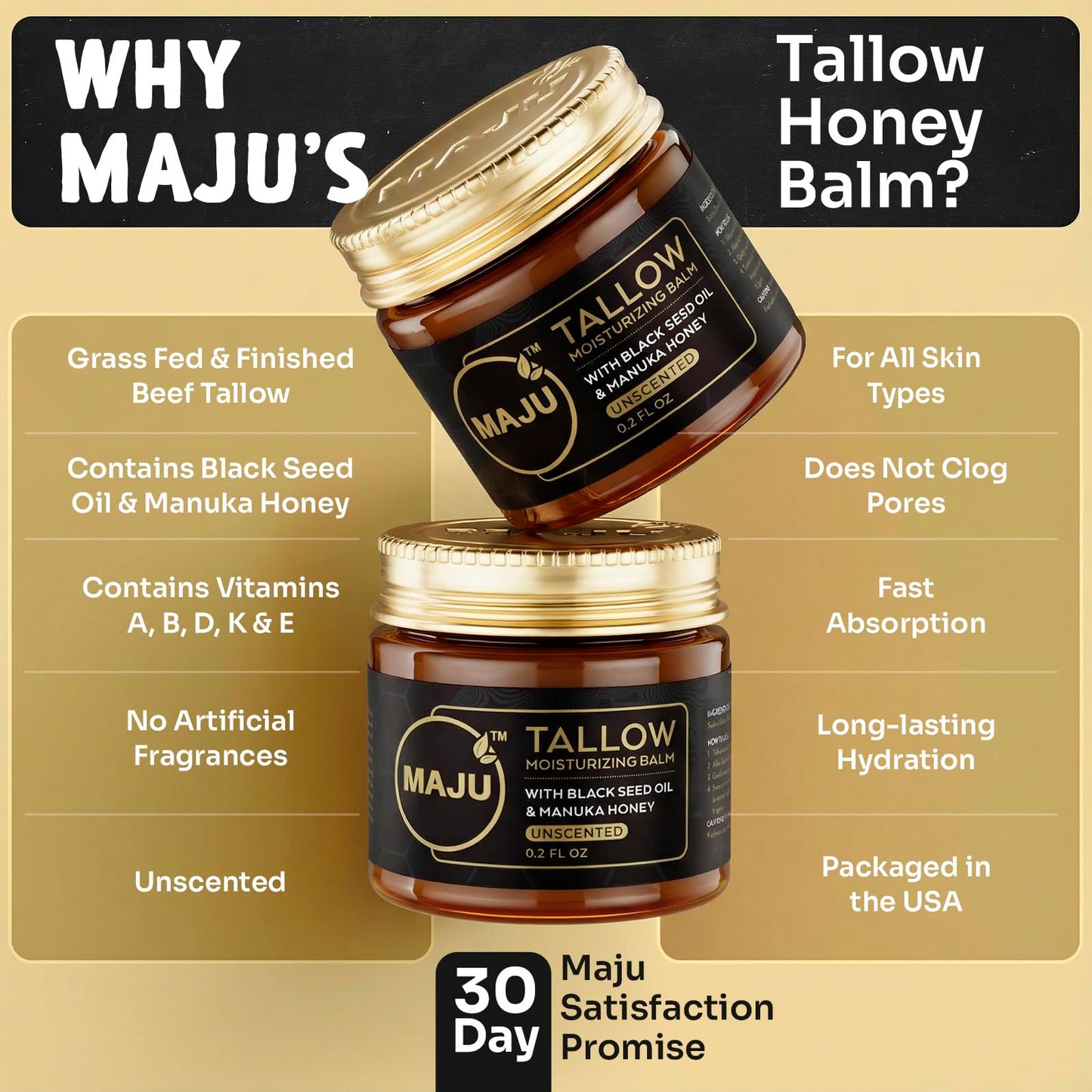 MAJU Beef Tallow Manuka Honey Balm, Unscented (2 oz), Grass-Fed Beef Tallow for Skin with Organic Black Seed Oil, Manuka Honey and Organic Beeswax, Skin and Face Moisturizer for Deep Hydration