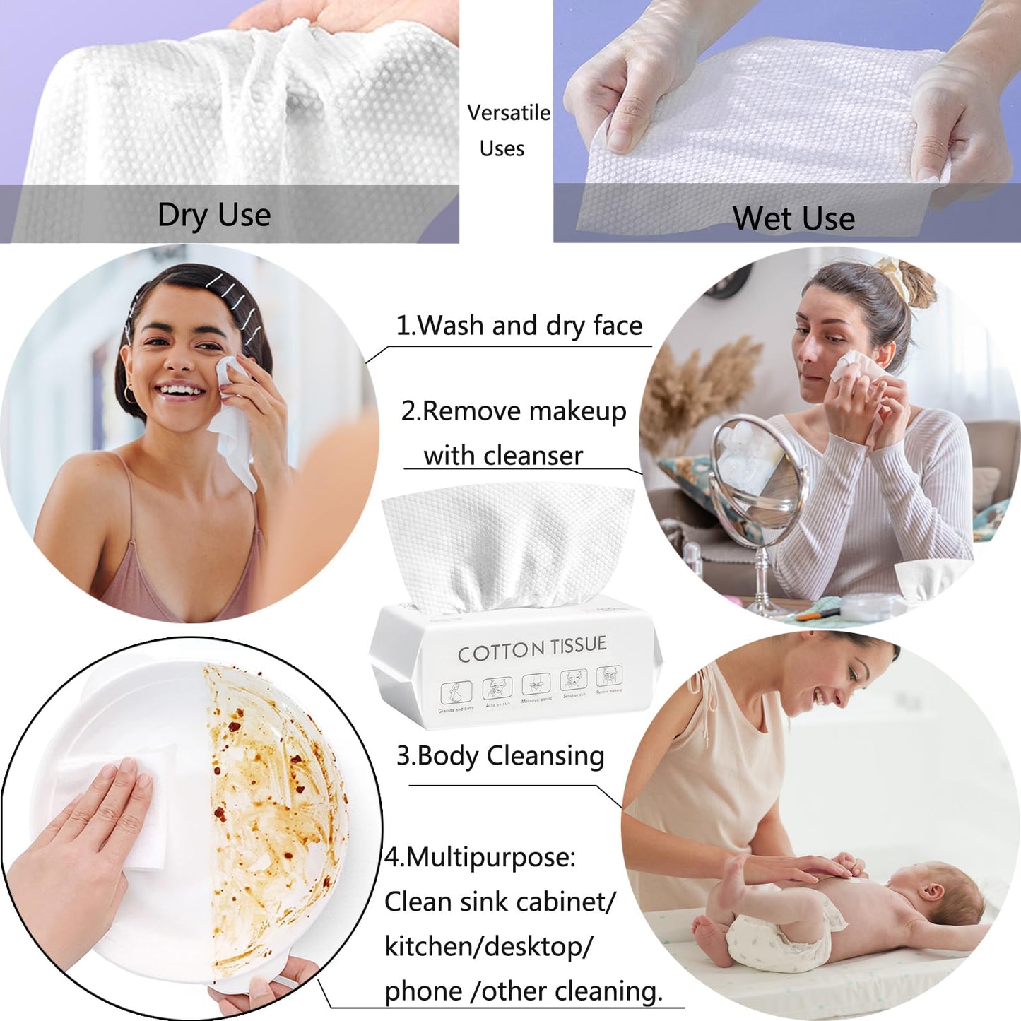 Disposable Face Towel, 100% Plant Cotton Fiber Biodegradable, Dry/Wet Use Facial Clean Washcloth Tissue Makeup Remover Cloth Pads Wipes for Sensitive Skin Cleaning,Travel (420 ct, 6 pack)