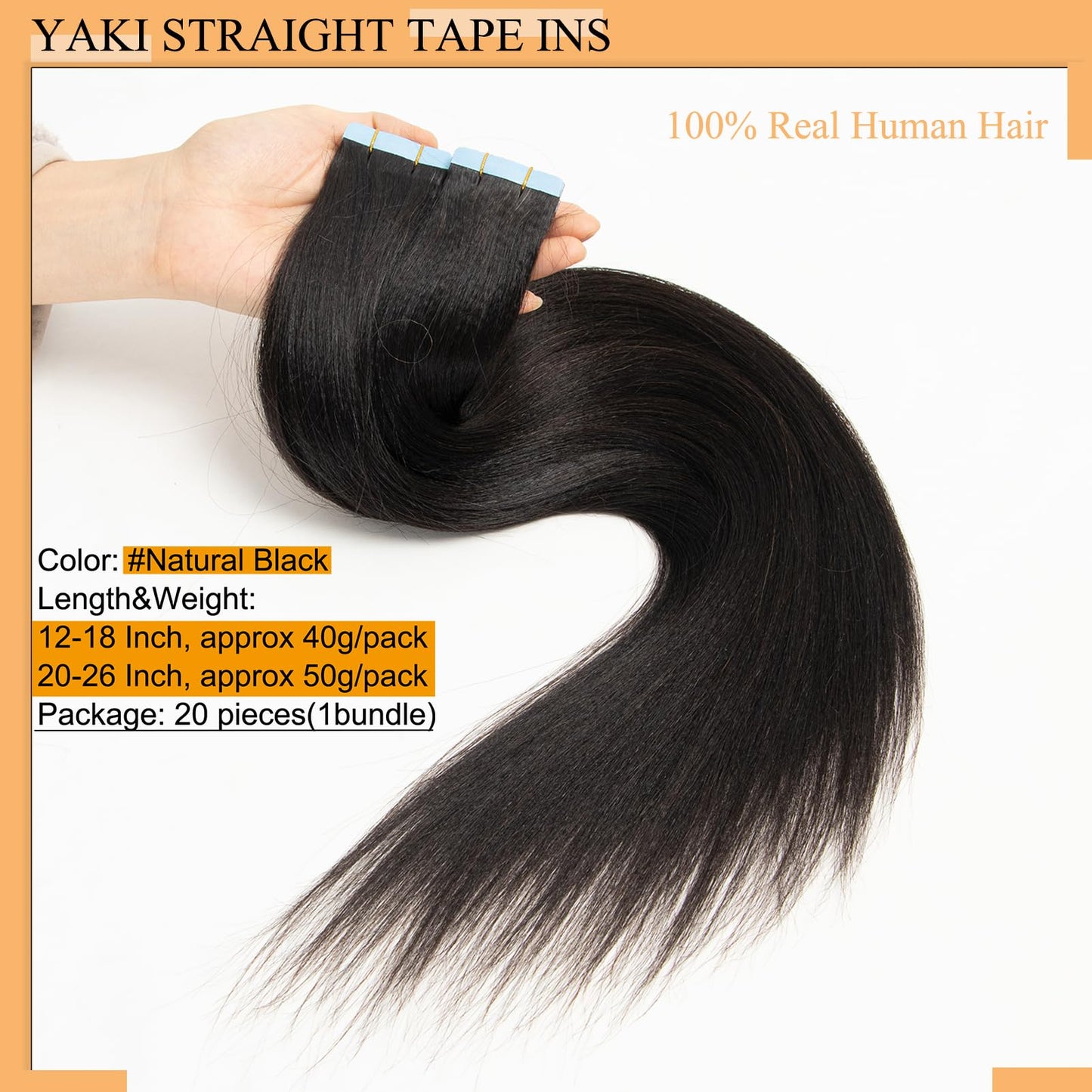 FEIPRO 18 Inch Tape in Hair Extensions Real Human Hair Light Yaki Straight Tape ins for Black Girls Women add Hair Length &Volume Invisible Seamless Skin Weft Thick Soft #Natural Black 40g 20pcs/Pack