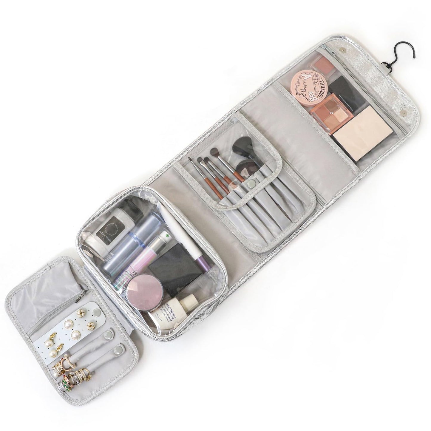 Charmix Travel Toiletry Bag for Women,Hanging Travel Toiletry Bag with Jewelry Organizer Compartment,Makeup Bag, Waterproof and Dirt Resistant, Travel Essentials,Bright Silver