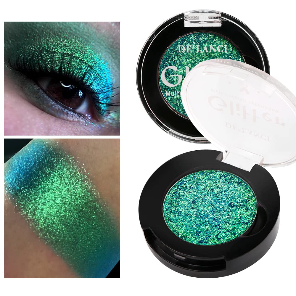 Afflano Single Green Eyeshadow Shimmery, Highly Pigmented Multichrome Eye shadow Color Changing, Sparkle Forest Green Glitter Eyeshadow Palette, Holographic Emerald Chrome Eye Shadow for Eye Makeup