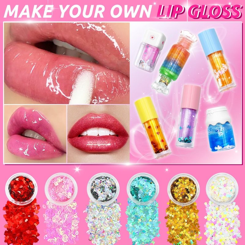 WhizToys 74PCS DIY Lip Gloss Making Kit, Make Your Own Lip Glosses Set Moisturizing Lip Glaze Handmade Glittery Set for Makeup Lover Beginner Teen Girl Gifts, 200ml Lipgloss Base