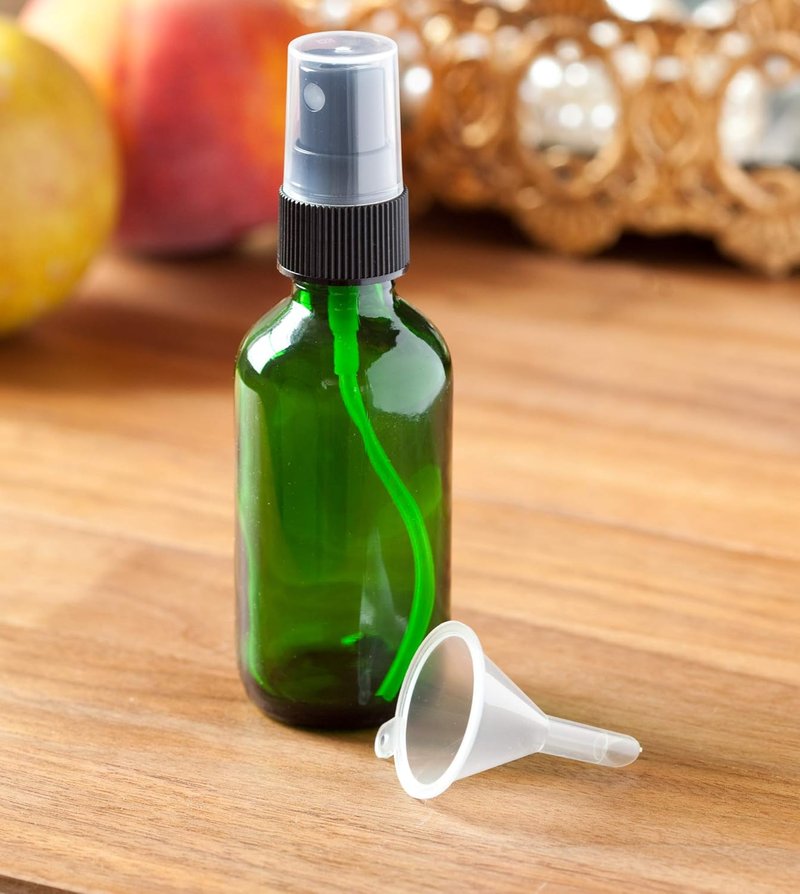 JUVITUS Green Glass Boston Round Spray Bottles - 2 oz Fine Mist | 12 Pack with Funnel