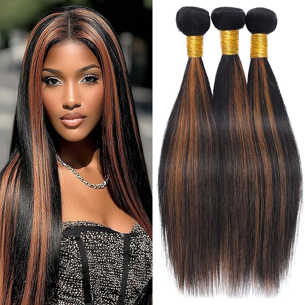 Ombre #30 Human Hair Bundles - Highlight Piano Color, Straight Weave | Black & Light Brown Mix, 14/16/18 Inch Double Weft