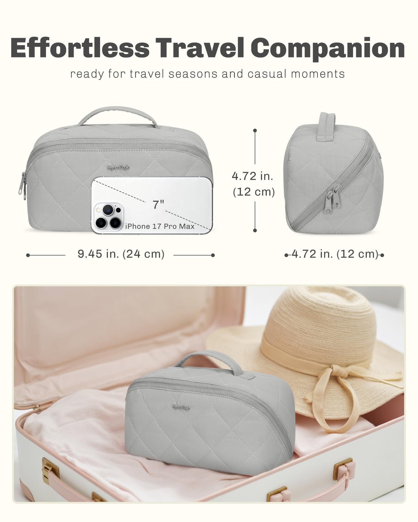 Hynes Eagle Travel Makeup Bag for Women Puffy Cosmetic Organizer Pouch Open Flat Toiletry Bag for Toiletries, Brushes Grey