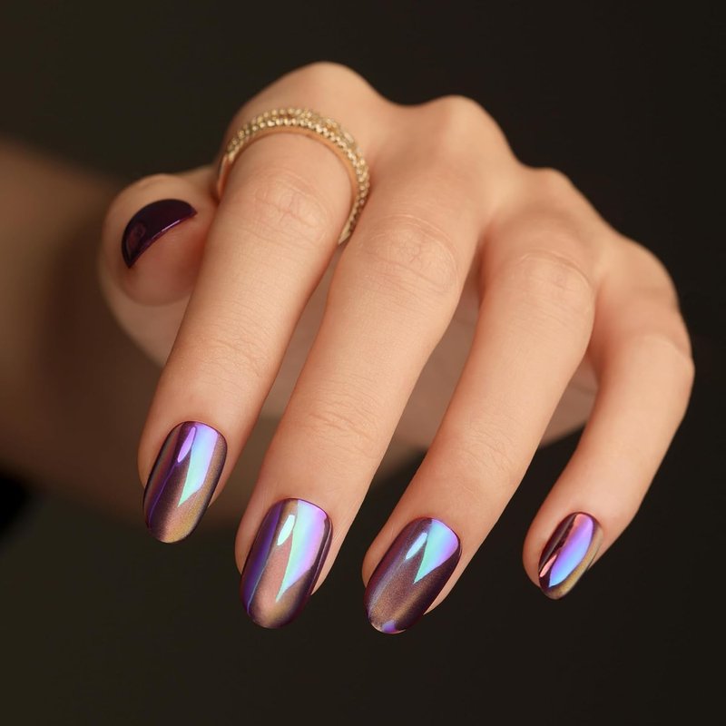 Short Almond Press On Nails - Bright Purple Electroplated Glossy Finish | 24 Nail Kit in 12 Sizes