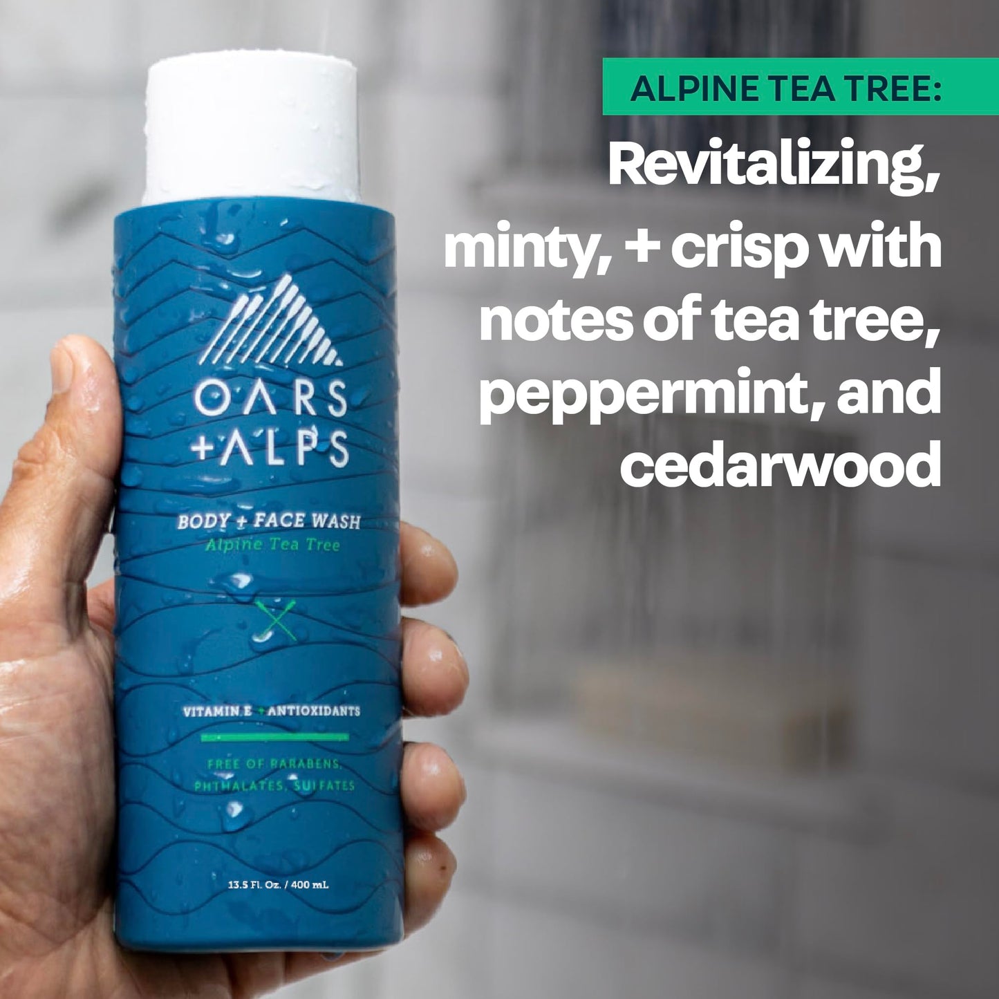 Oars + Alps Body Wash for Men, Mens Body Wash & Face Cleanser with Vitamin E & Antioxidants, Moisturizing, Paraben & Sulfate Free Cleanser, Alpine Tea Tree, 3pk