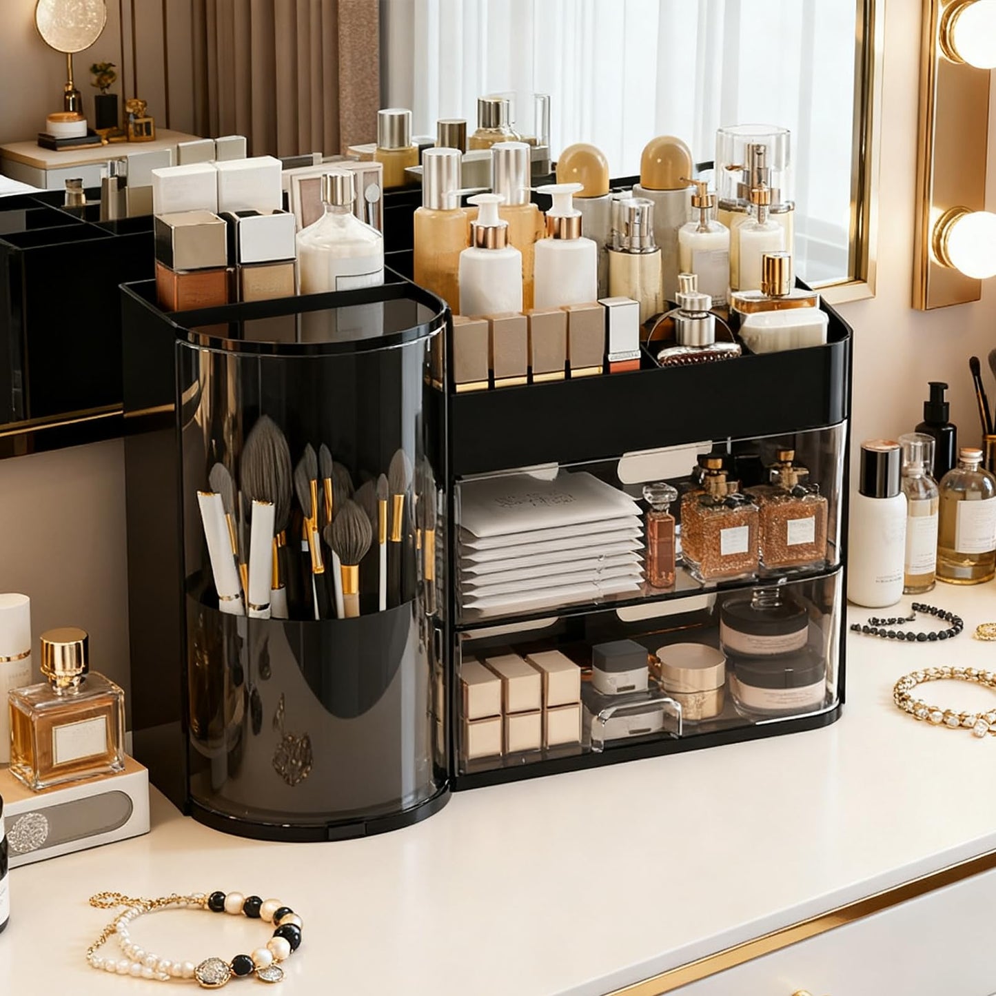 Makeup Storage Box Mesh, Makeup Organizer For Vanity, Cosmetic Display Cases With Transparent Cover, Drawers, Dustproof, Portable Handle, For Vanity, Dresser, Countertop (Blak)