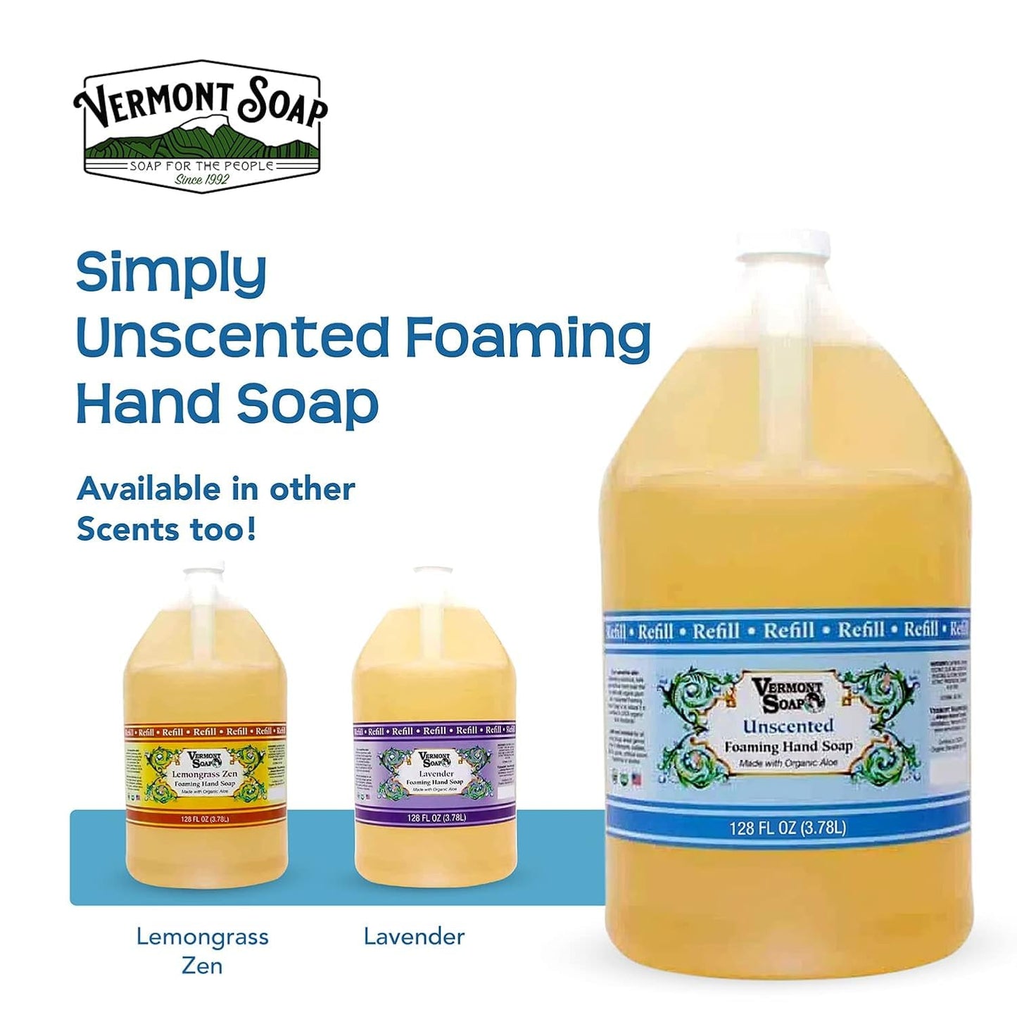 VERMONT SOAP Organics Foaming Hand Soap, Liquid Soap with Pre-diluted Formula - Ready to Use Simply Unscented Hand Soap With Convenient and Economical Gallon Refill Size