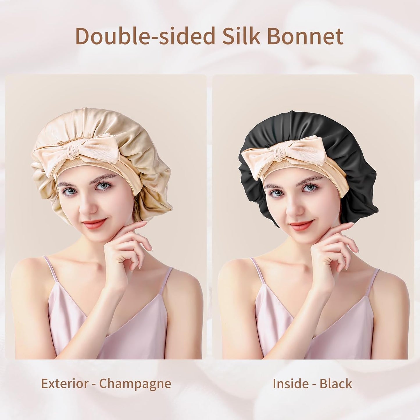 Silk Bonnet for Sleeping | 22 Momme 100% Mulberry Silk Sleep Cap - Double-Layer Reversible Hair Wrap for All Hair Types - Champagne