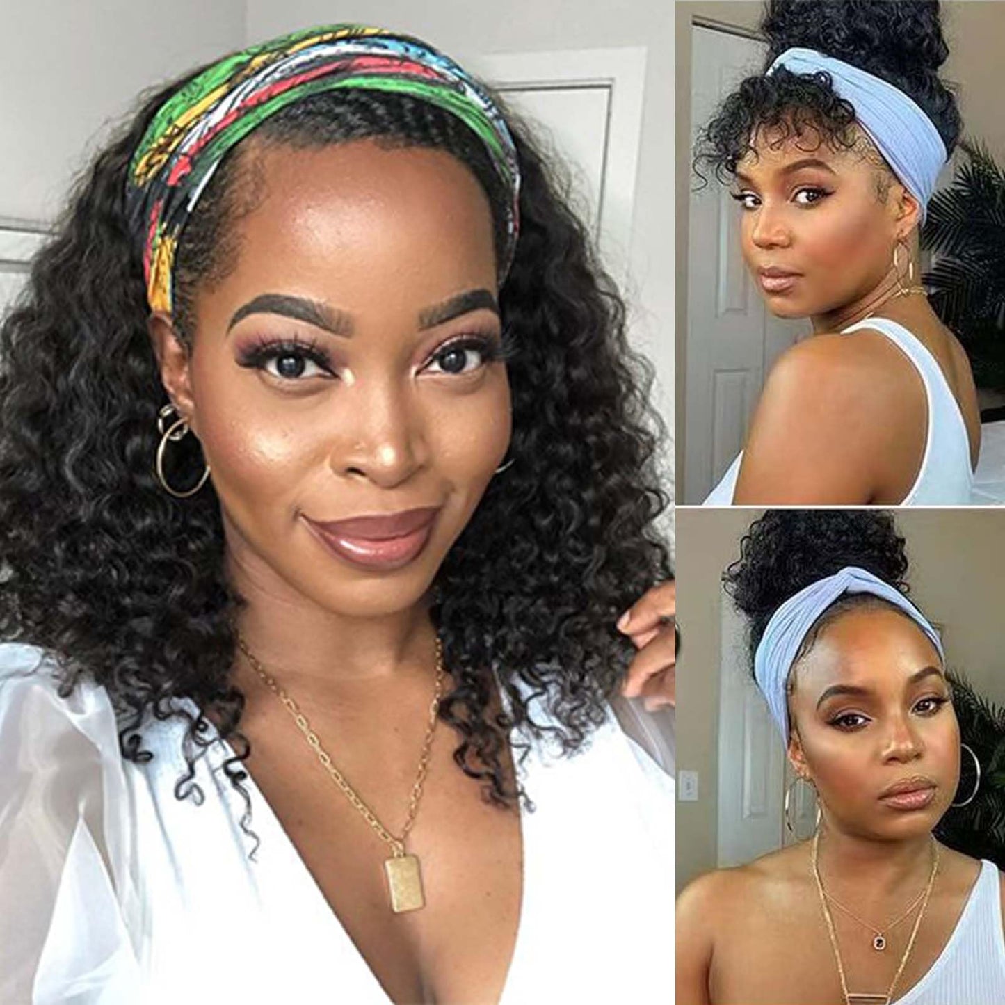 Punmasa Headband Wig Human Hair Deep Wave 150% Density None Lace Front Wig Human Hair Machine Made Wigs 14 inches Headband Curly Human Hair Wigs for Women Natural Color Half wigs