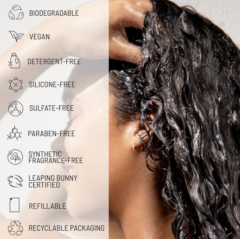 Hairstory New Wash Rich with Bonus Scalp Brush – Detergent Free Shampoo for Thick Curly Coarse Hair, Sulfate Free Deep Moisture Cleansing Cream, 8 Fl Oz Refillable Bottle