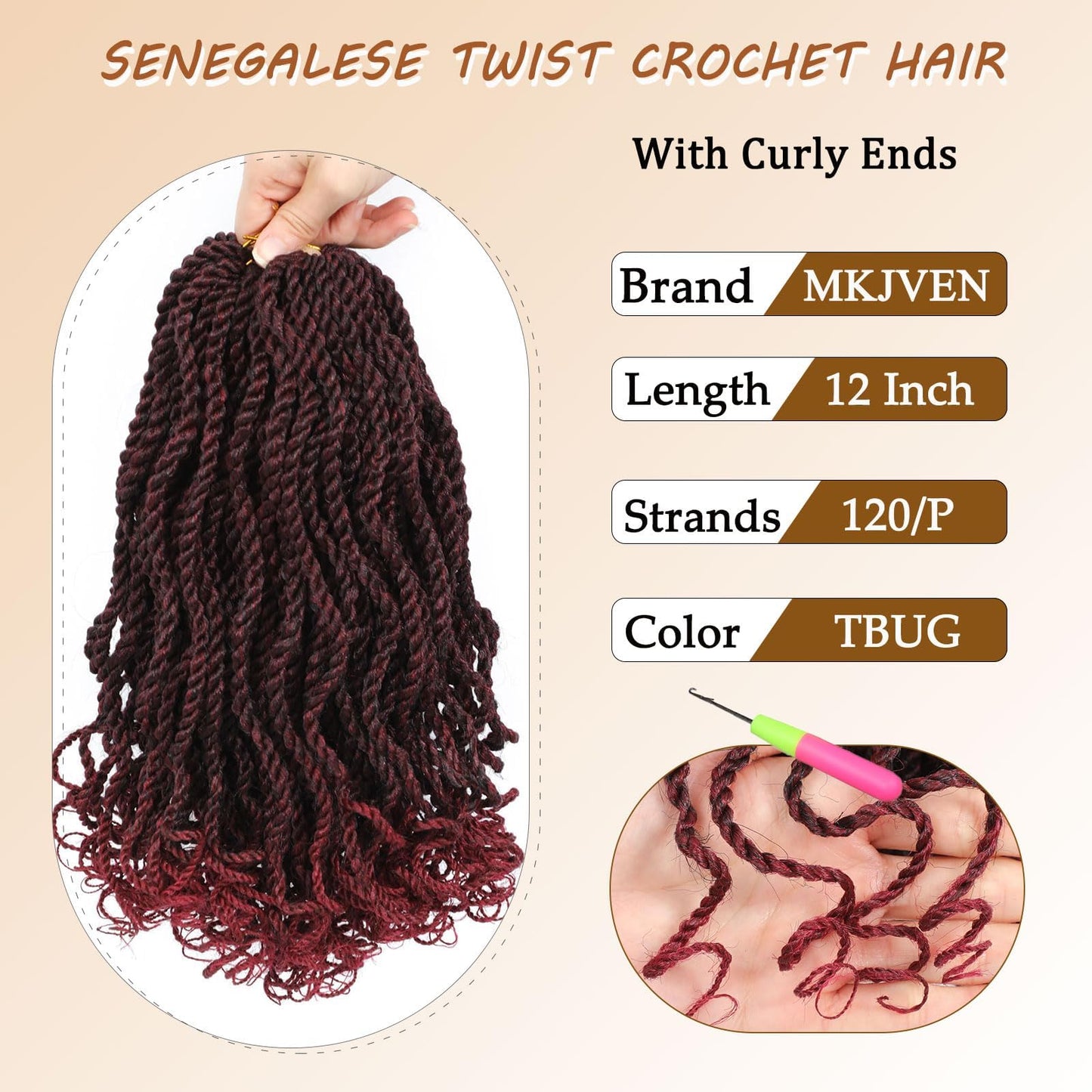12 Inch Wavy Senegalese Twist Crochet Hair For Black Women 8 Packs Burgundy Senegalese Twist Crochet Braids With Curly Ends Tbug Pre Looped Crochet Twists Hair(12 Inch,TBUG)