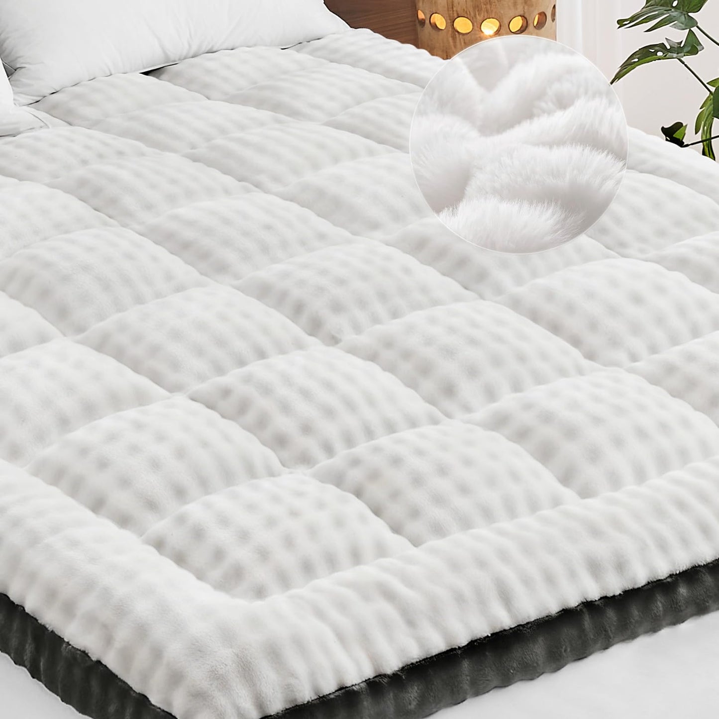 Cymula Queen Mattress Topper Fleece Bubble Pillow Top Mattress Pad Cover for Back Pain Faux Fur Extra Thick Mattress Protector Soft with Fluffy Down Alternative, 8-21" Deep Pocket, White