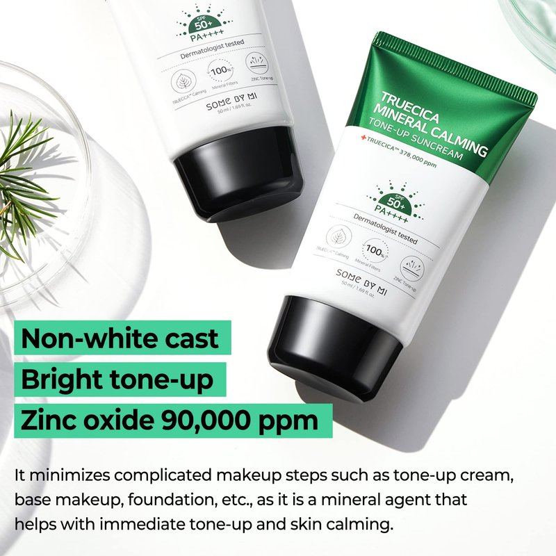 SOME BY MI Truecica Mineral Calming Tone-Up Suncream / SPF50+, PA++++ / 1.69Oz, 50ml / Brightening and Calming Effect/Mild Sun and UV Protection Sunscreen for Sensitive Skin