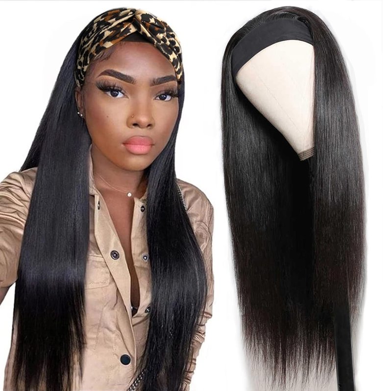 Ubetta Nature Black Headband Wig - Glueless Straight Brazilian Virgin Hair, 150% Density, 18 Inch