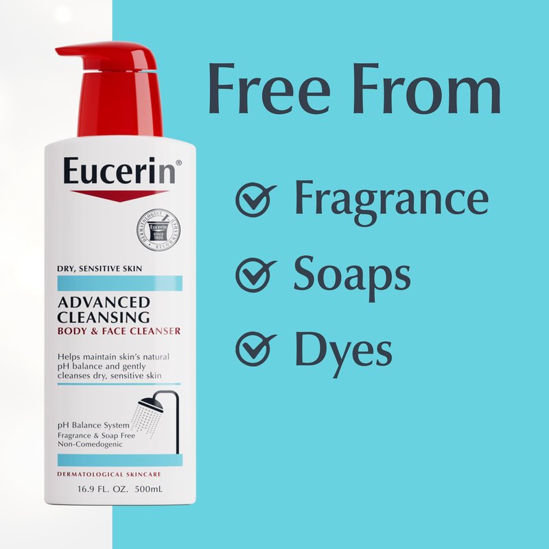 Eucerin Advanced Repair Cleansing Body and Face Cleanser, Gentle Face and Body Wash for Normal to Dry, Sensitive Skin, Soap Free and Unscented, 16.9 FL OZ Bottle