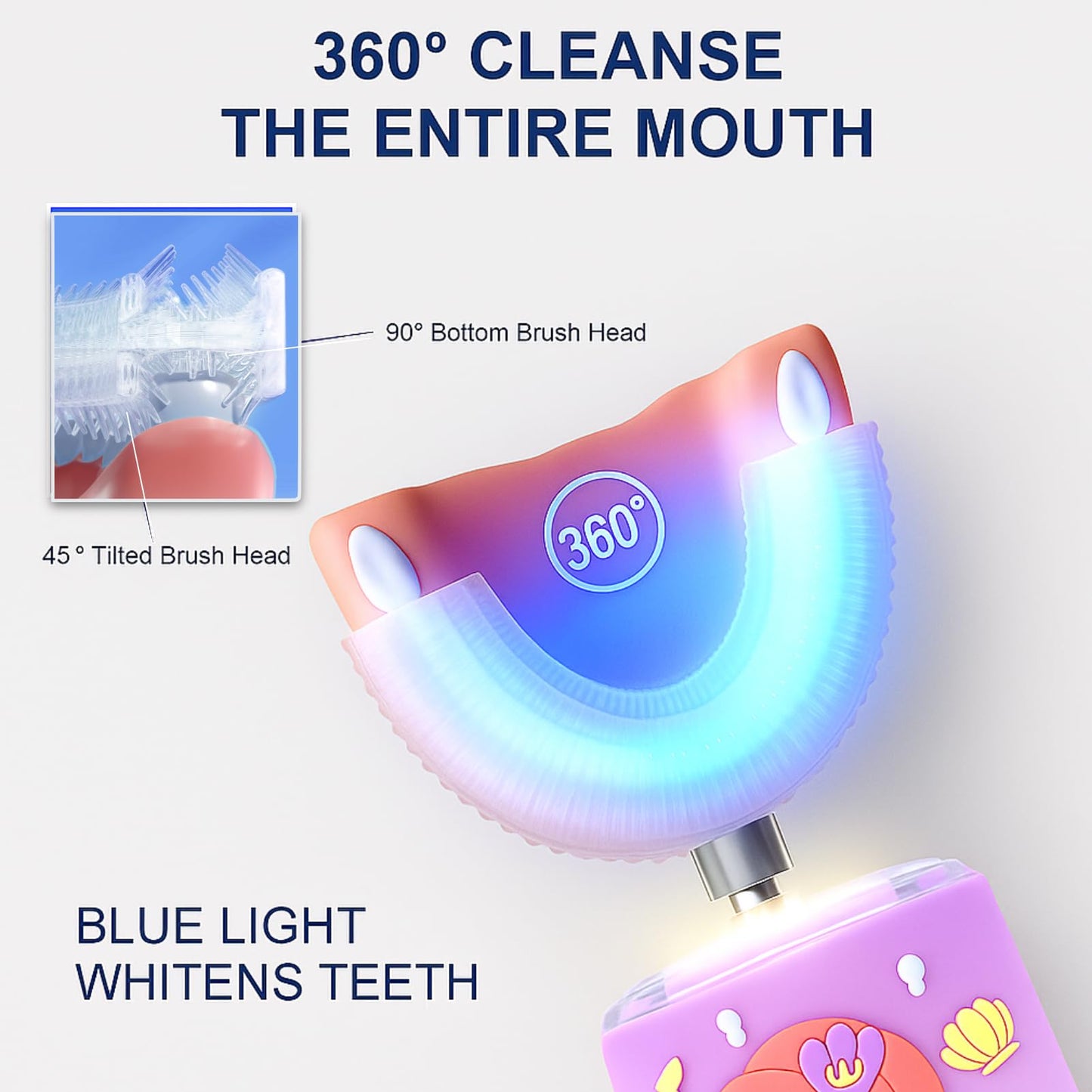 Geacker Kids Electric Toothbrush, U Shaped Toothbrush Kids Sonic Automatic Brush with 5 Brush Head 6 Sonic Clean Modes IPX7 Waterproof Mermaid Design Rechargeable Smart Timer for Children 2-7