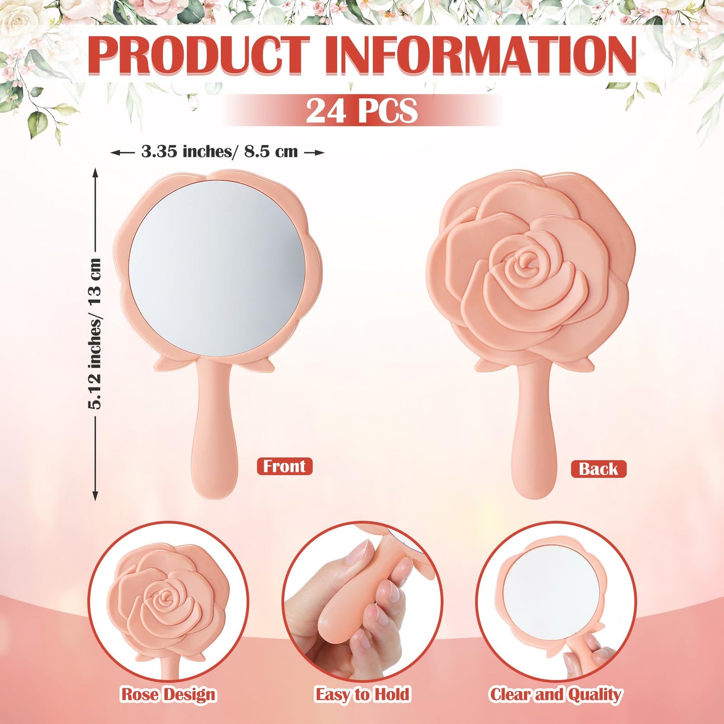 Wenqik 24 Sets Bridal Shower Favors Rose Compact Mirrors Bulk Wedding Favors for Guests Rose Compact Handheld Mirrors with Thank You Cards and Organza Bags Wedding Party Guests Souvenir Gifts (Pink)