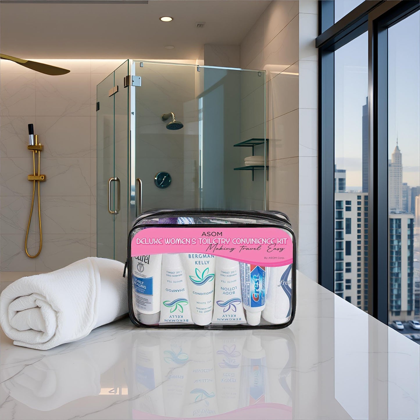 Asom Travel Toiletries Kit – TSA Approved Travel-Size 36-Piece Personal Care & Hygiene Essentials Set for Men & Women – Compact Unisex Kit for Flight, Vacation, Hotel, Gym, Camping