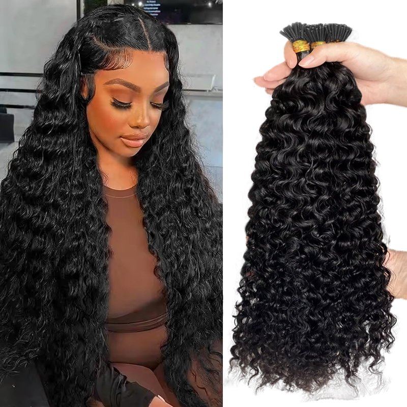 Curly I Tip Pre Bonded Human Hair Extensions Nail Tip Italian Keratin Fushion Hairpiece for Women 100 Strands Per Package Water Wave I Tip Hair Extension 100 Strands/Pack 50g