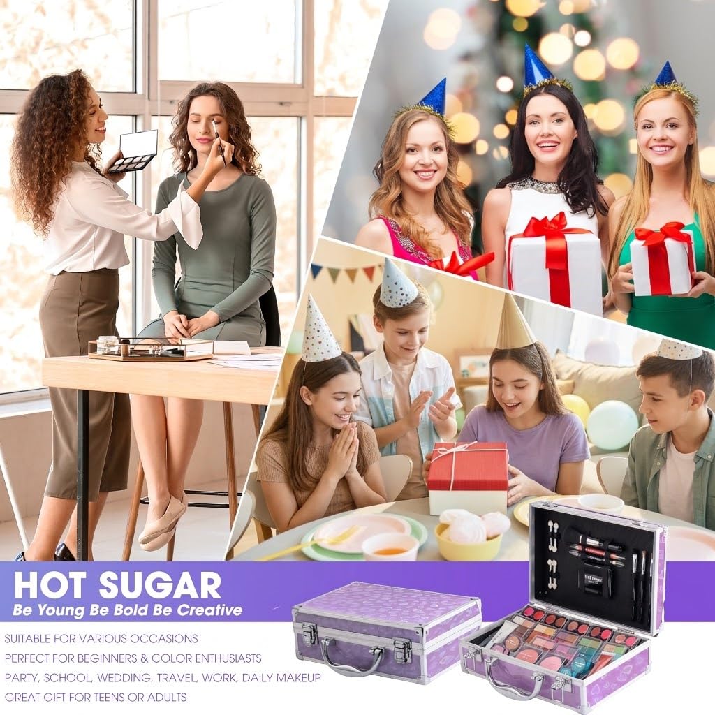 Hot Sugar Makeup Kit for Teenager Girls - Full Starter Cosmetics Set with Eye Shadow Lip Balm Blush Lip Gloss Brush Lip Pencil Eye Pencil and Mirror (Purple Love)