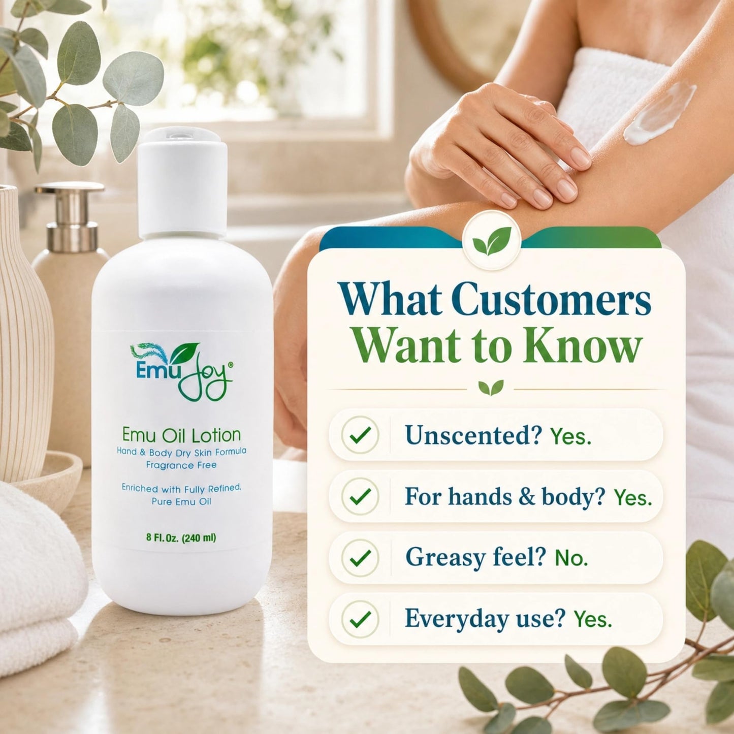 Emu Joy Emu Oil Lotion - Fragrance Free Hand & Body Lotion for Dry Skin - Non-Greasy Unscented Body Moisturizer - Shea Butter, Green Tea & Botanical Extracts - Sensitive Skin - 8 fl oz