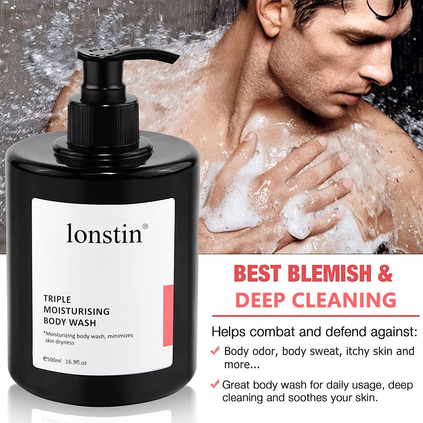 lonstin Body Wash with Pump Moisturizing Body Wash for Dry Skin Natural Nourishers for Instantly Soft Skin and Lasting Nourishment Deep Moisture Cleanser Effectively Washes away Bacteria, 16.9 Fl Oz