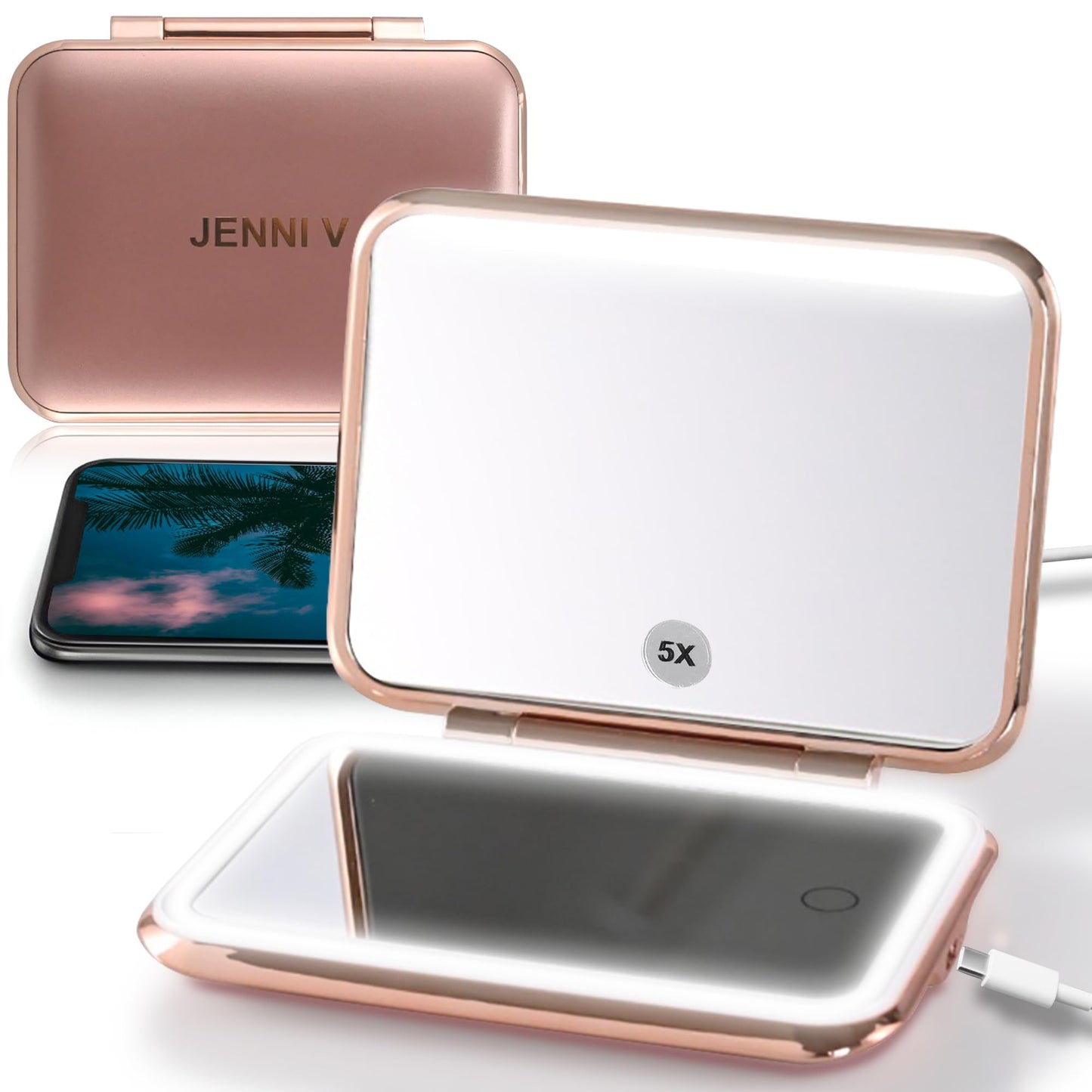 JENNI V LED Compact Mirror with Light, 5X Magnification and Power Bank Changer - Handheld Pocket Mirror - Rechargeable Travel Mirror with Light - Small Portable Makeup Mirror for Purse (Rose Gold)