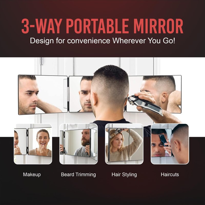 Self-Cut System 3-Way Mirror for Self Hair Cutting - Portable Trifold Mirror with Retractable Hooks, Impact-Resistant Glass, Fold Flat Design, Fits Standard Doors, Men & Women, 12.5" L x 1" W - Black