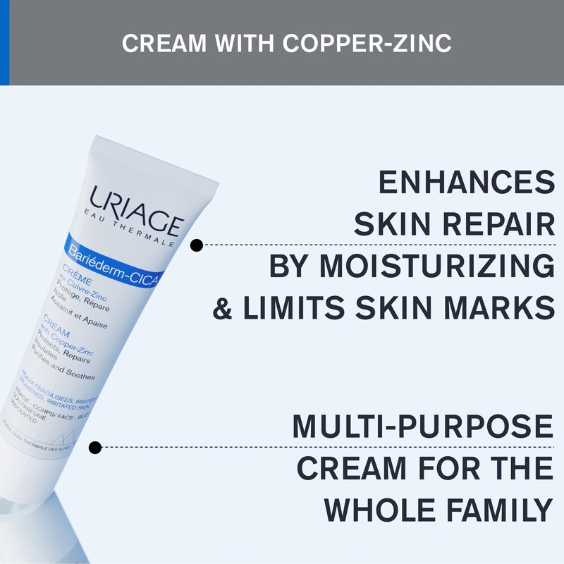 Uriage Bariéderm-CICA Multi-Purpose Restoring Cream with Copper-Zinc & D-Panthenol, Enhances Skin Repair, For All Ages & Skin Types, Fragrance-Free