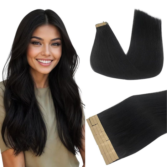 DOORES Tape in Hair Extensions Human Hair, 18 Inch 50g 20pcs Jet Black, Real Human Hair Extensions Tape in Remy Straight Skin Weft Double Side