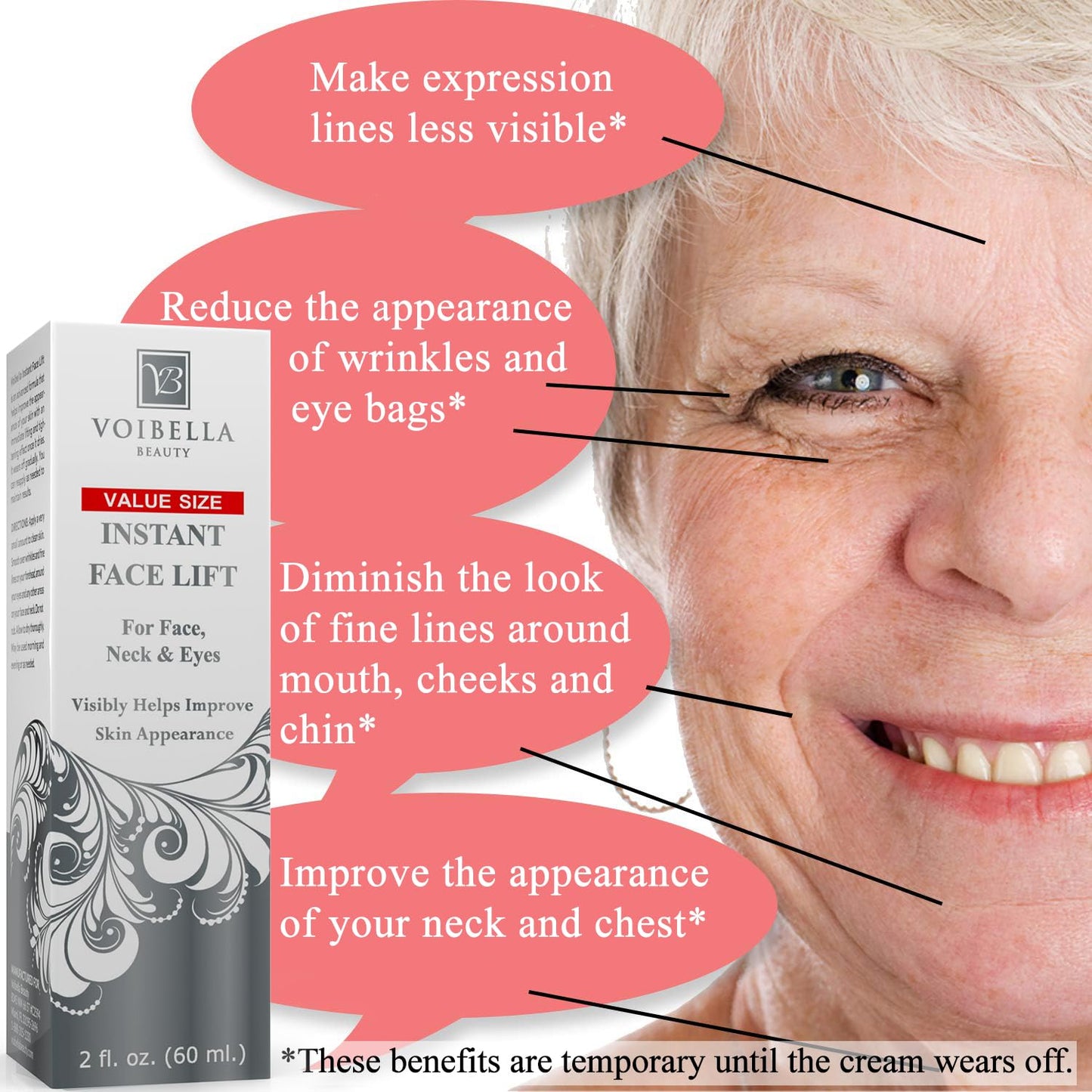 Instant Face Lift Cream 2 oz - Best Eye, Neck, Face Tightening, Lifting & Firming Serum To Smooth Appearance, Hide Loose Sagging Skin, Puffiness, Fine Lines & Wrinkles in Mins (Peptides & Stem Cells)